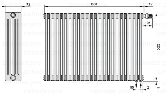 Схема (чертеж) Радиатор Zehnder Charleston 5220/23 №V002 Белый глянцевый RAL 9016